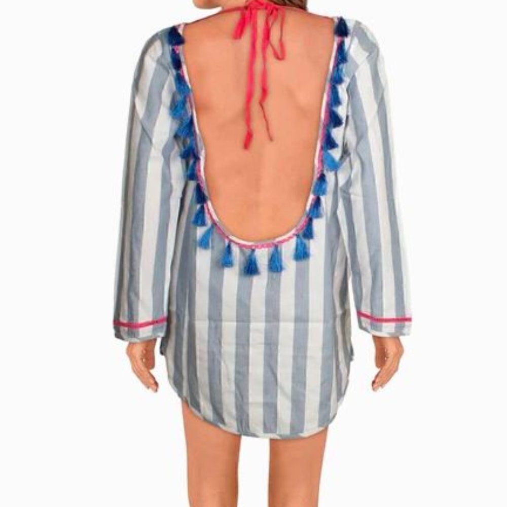 Soleil Open Back Tassel Striped Long Sleeve Mini Dress Size medium